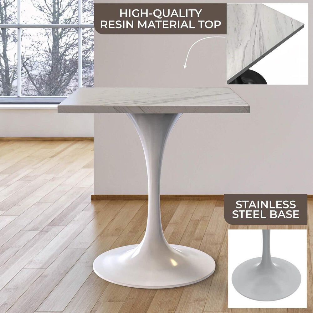 Leisuremod LeisureMod Verve Collection 27 Square Dining Table, White Base with Laminated White Marbleized Top, , large