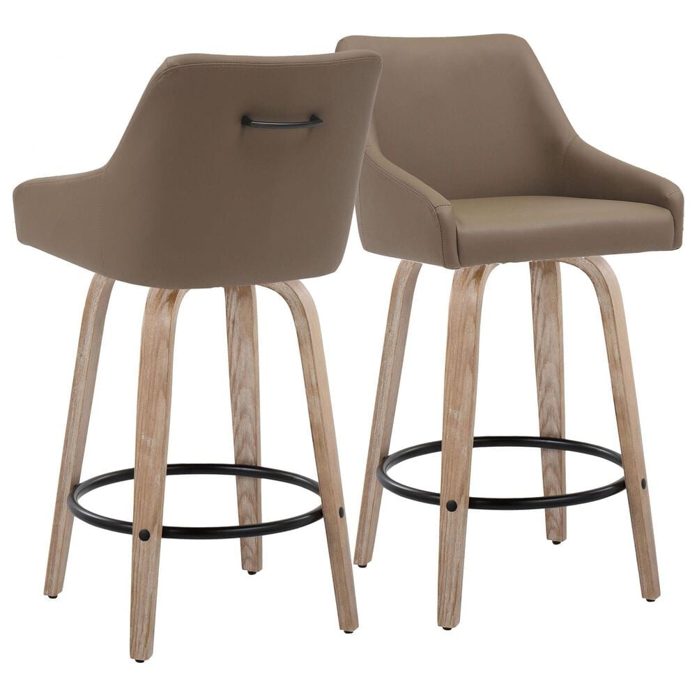 LumiSource Hannah Swivel Counter Stool with Brown Faux Leather Upholstery in Whitewashed and Black (Set of 2), , large