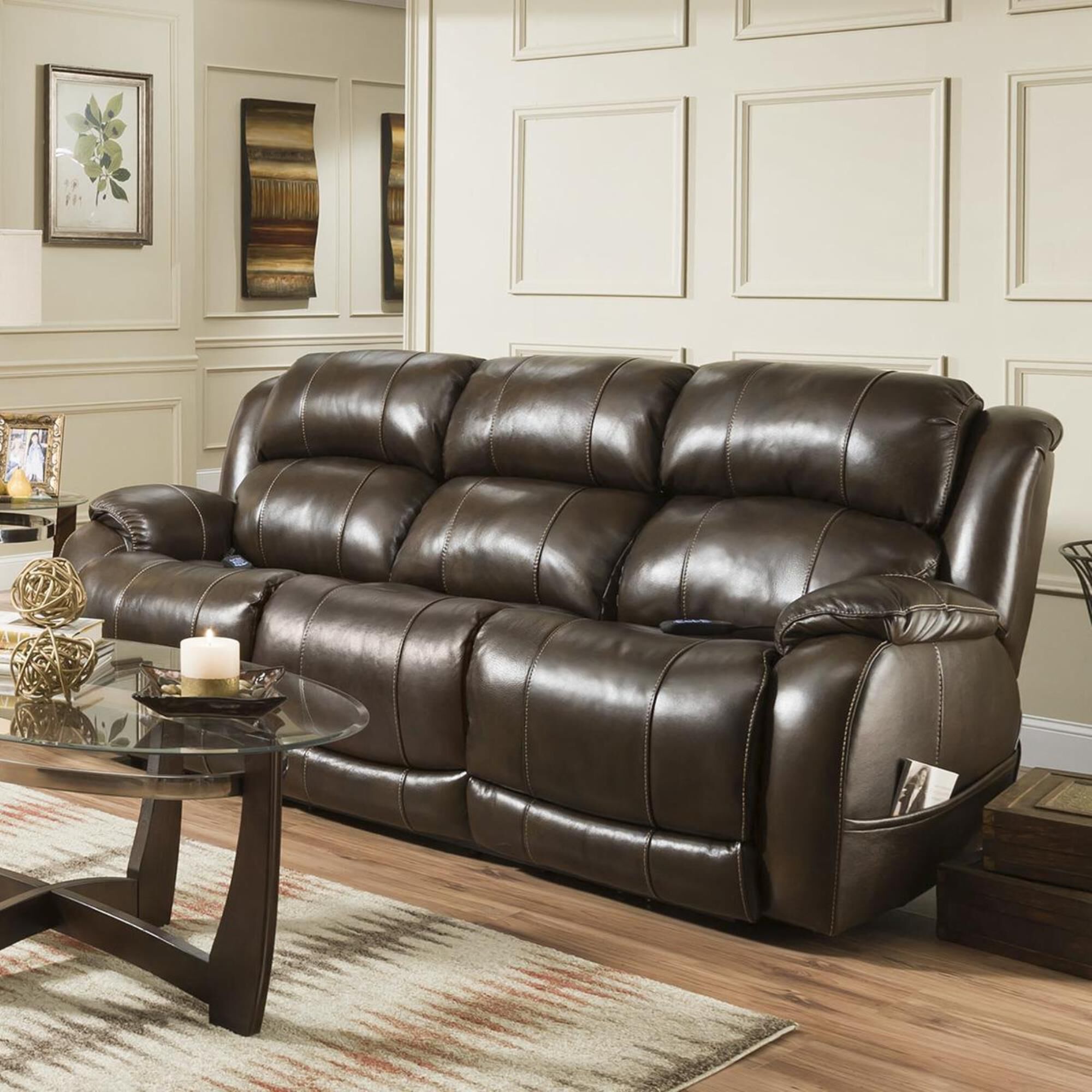 HomeStretch Palmer Leather Power Reclining Sofa with Headrest and