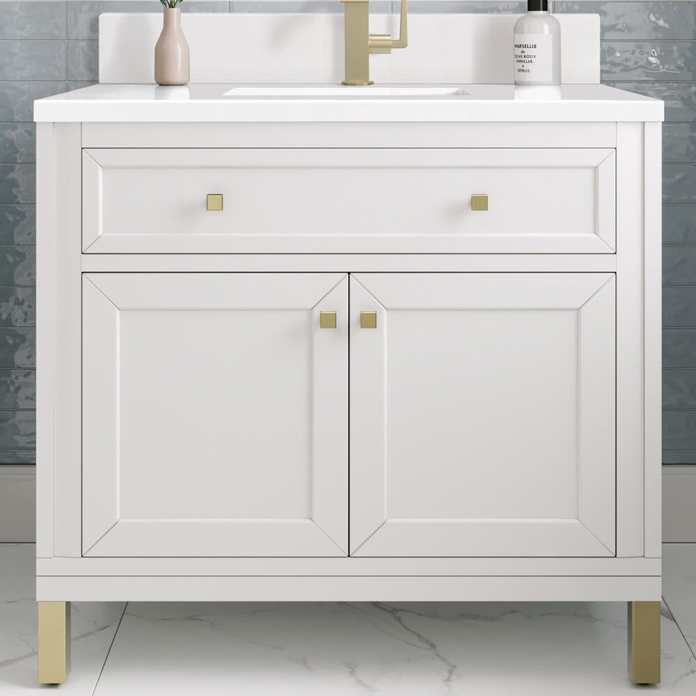 James Martin Vanities Chicago 36&quot; Single Bathroom Vanity in Glossy White with Single Hole 3 cm White Zeus Quartz Top and Rectangular Sink, , large