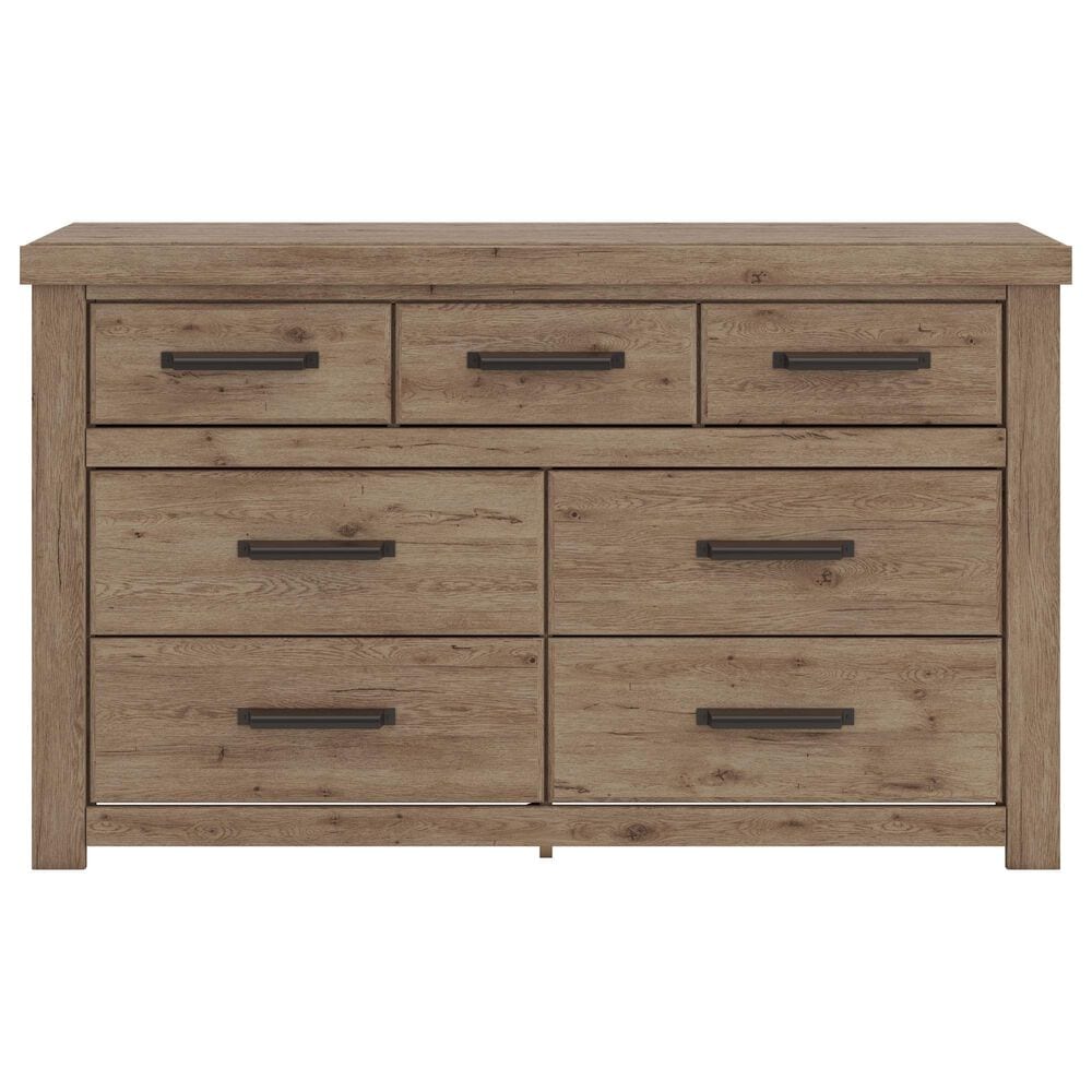 Ashley Oliandon King Panel Bed Dresser Chest and 2 Nightstands in Light Brown, , large