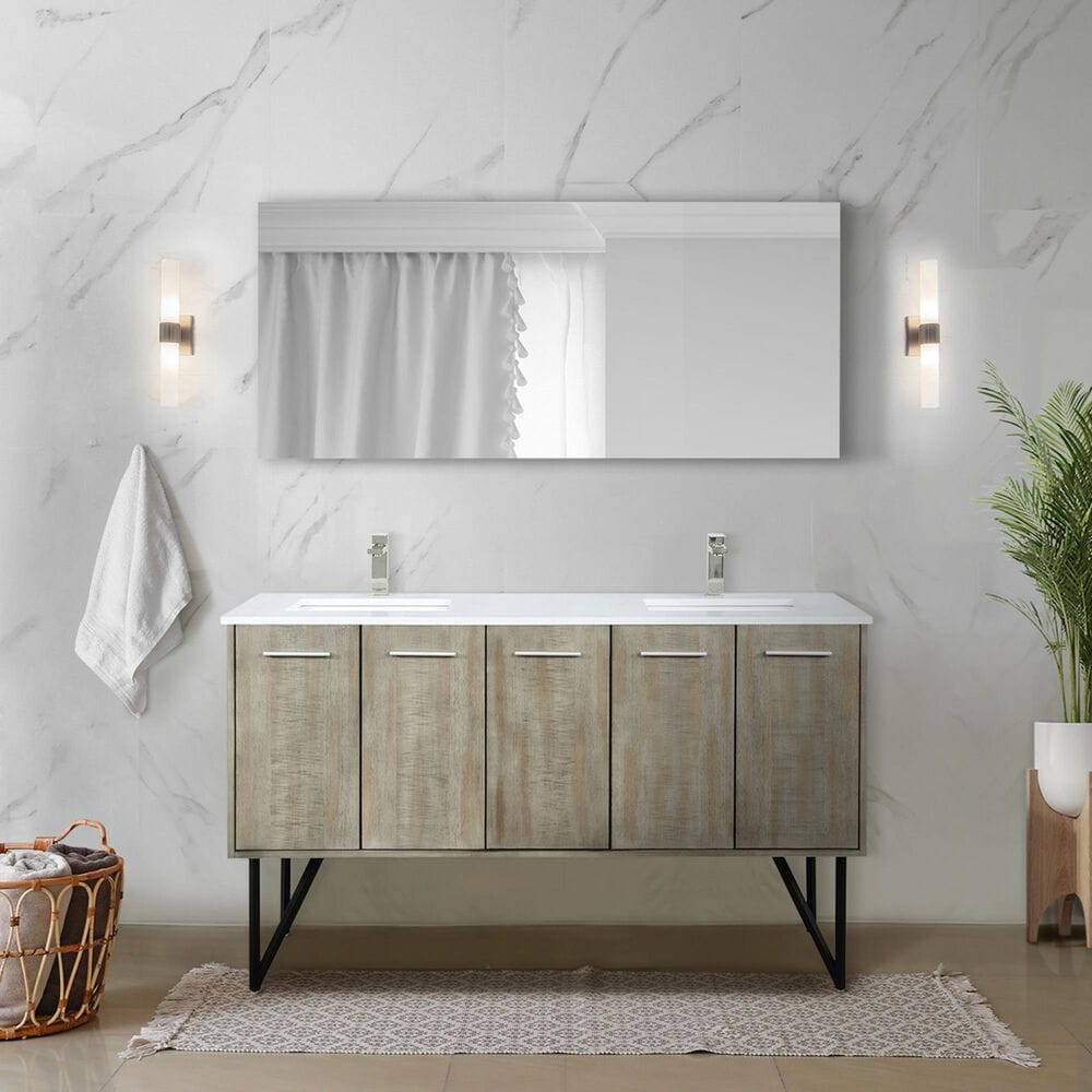 Lexora Home Lancy 60&quot; Double Bathroom Vanity in Rustic Acacia with 2 cm White Quartz Top and Rectangular Sinks, , large