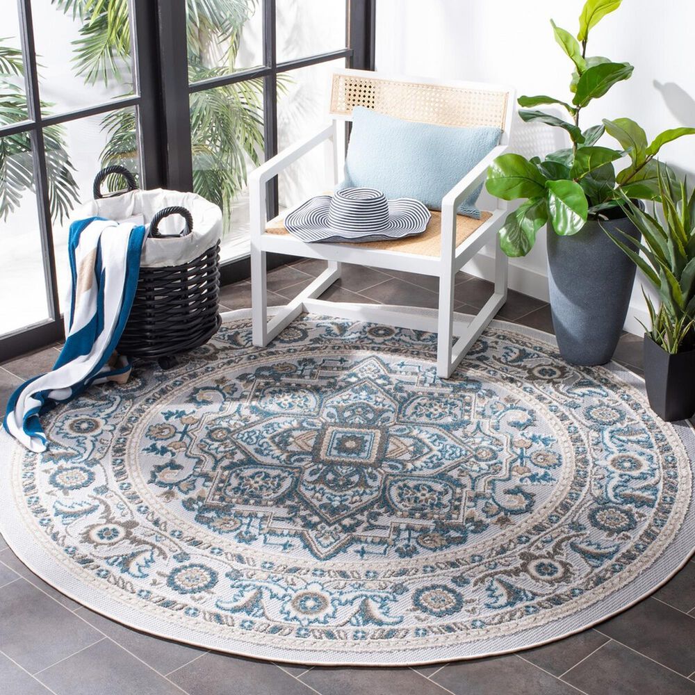 Safavieh Cabana CBN680N 6&#39;7&quot; Round Navy and Grey Indoor/Outdoor Area Performance Rug, , large