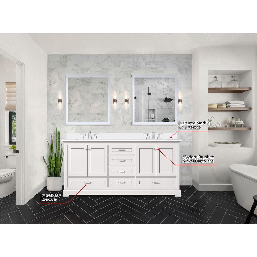 Lexora Home Dukes 72&quot; Double Bathroom Vanity in White with 2 cm White Cultured Marble Top and Rectangular Sinks, , large