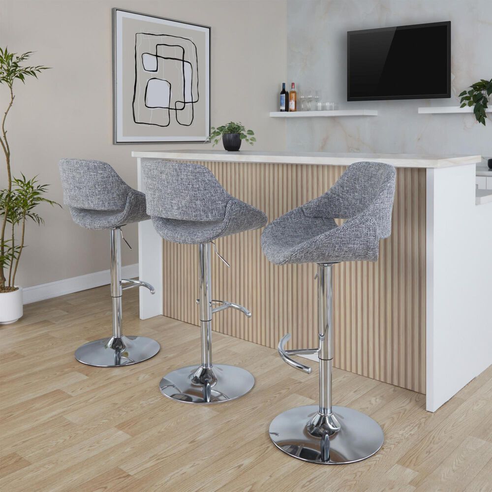 LumiSource Fabrico Swivel Adjustable Bar Stool with Grey Noise Fabric Upholstery and Rounded T Footrest in Chrome (Set of 2), , large