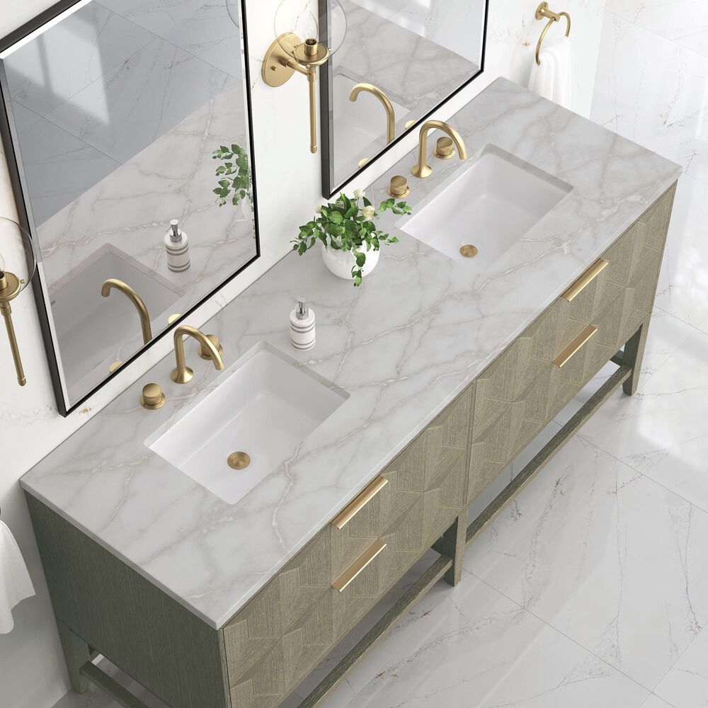 James Martin Vanities Emmeline 72" Double Bathroom Vanity in Pebble Oak with 3 cm Victorian Silver Quartz Top and Rectangular Sinks, , large