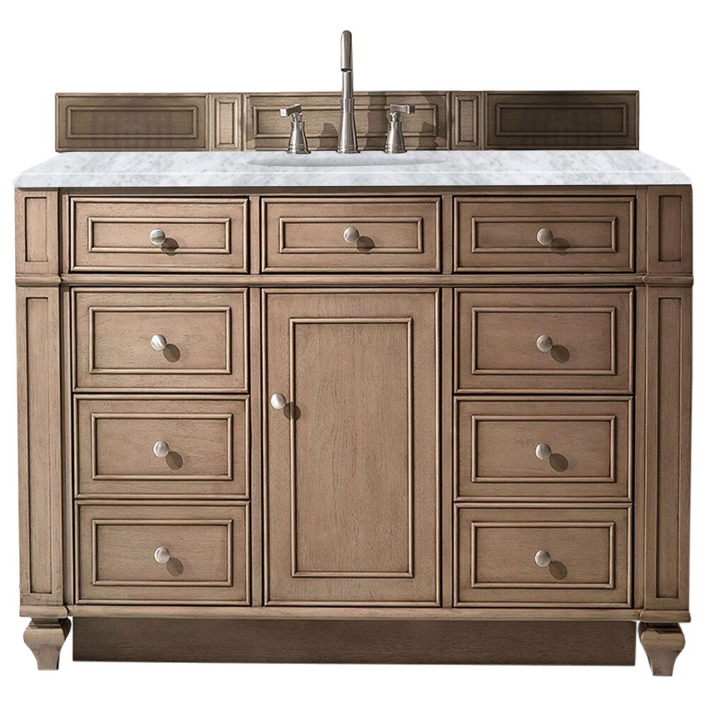James Martin Vanities Bristol 48" Single Bathroom Vanity in Whitewashed Walnut with 3 cm Carrara White Marble Top and Rectangular Sink, , large