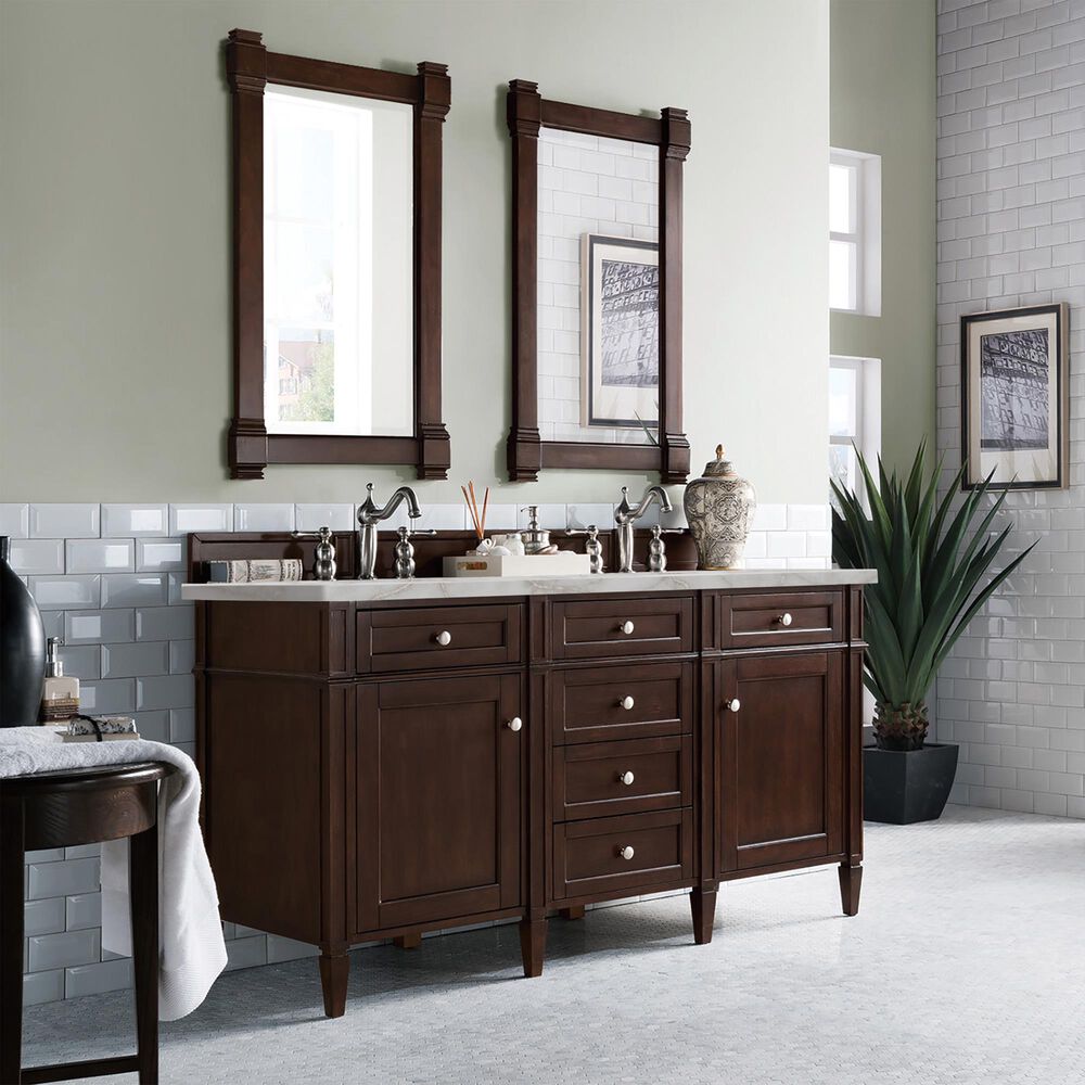 James Martin Vanities Brittany 60" Double Bathroom Vanity in Burnished Mahogany with 3 cm Eternal Jasmine Pearl Silestone Top, Rectangular Sinks and FreePower Wireless Charger, , large