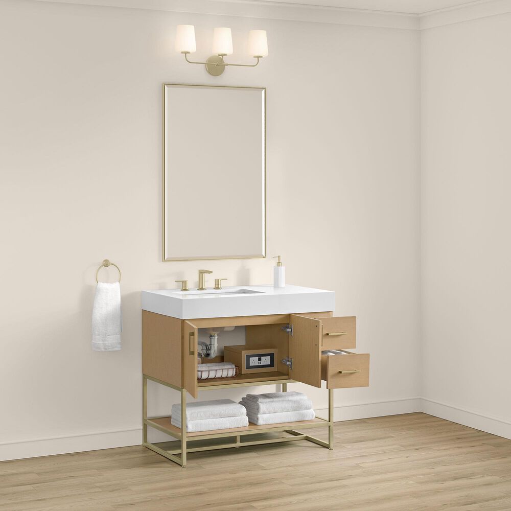 37B Mauri 36" Single Bathroom Vanity with Metal Base in Warm Oak with High-Profile 4" White Composite Stone Top, , large