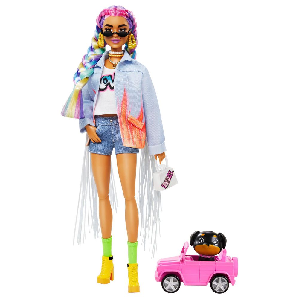 Barbie Extra Doll in Long-Fringe Denim Jacket with Pet Puppy, , large