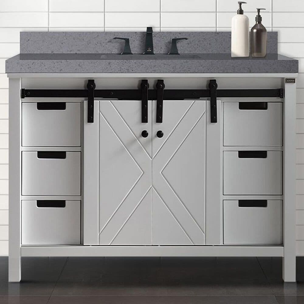 Lexora Home Marsyas 48&quot; Single Bathroom Vanity in White with Grey Quartz Top and Rectangular Sink, , large