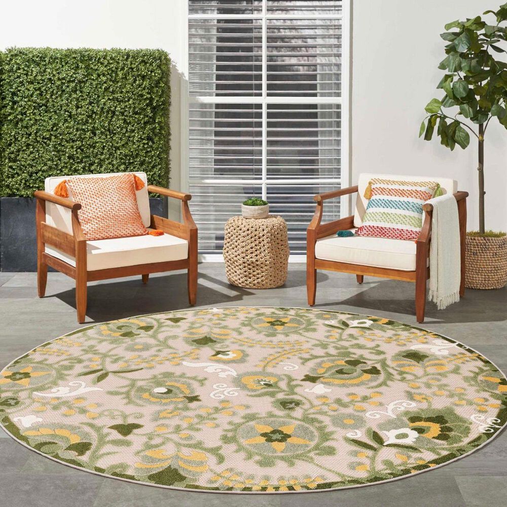 Nourison Aloha ALH17 5&#39;3&quot; Round Ivory and Green Indoor/Outdoor Area Rug, , large