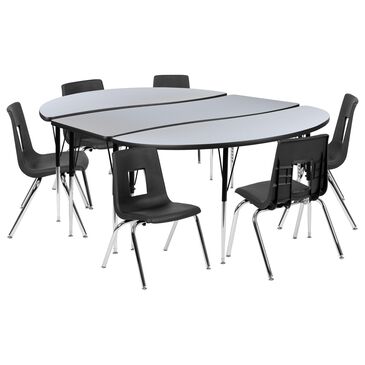 Flash Furniture Emmy 9-Piece 86" Oval Wave Activity Table Set with 16" Student Stack Chairs in Gray, Black and Chrome, , large