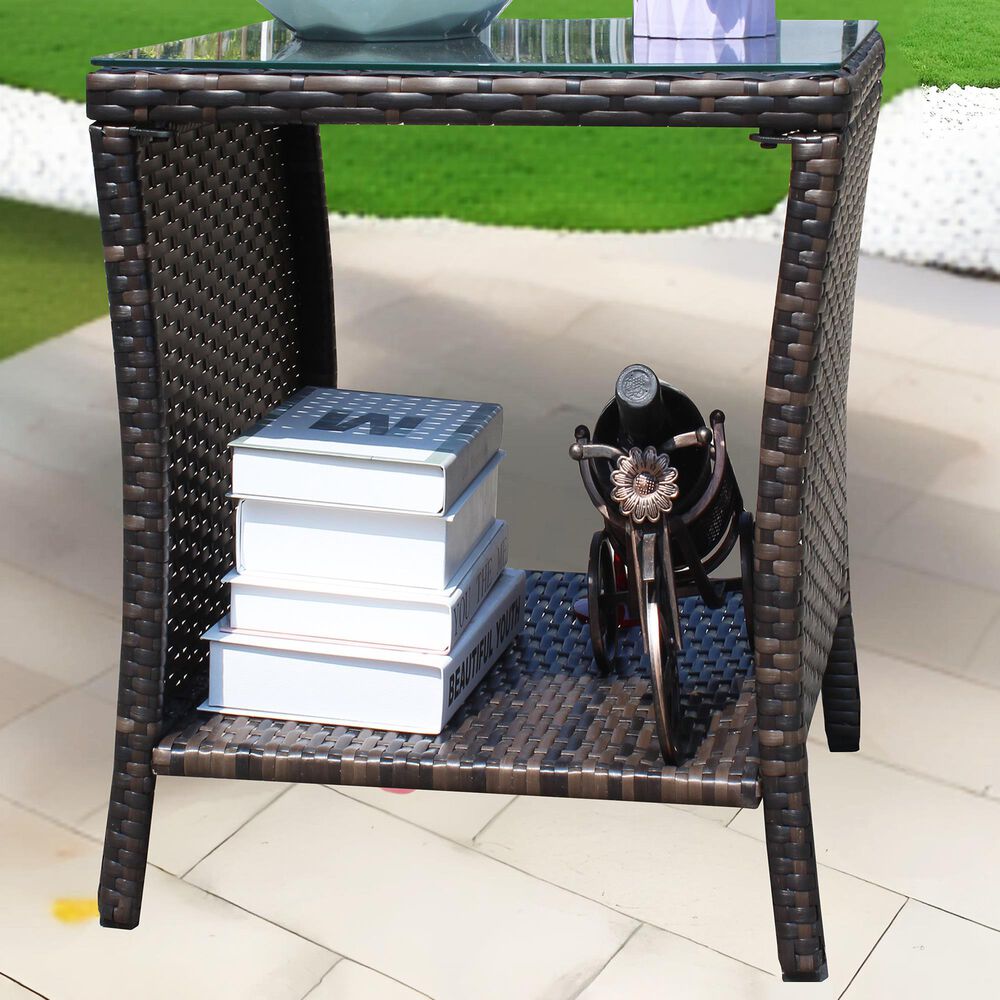 Hearth and Haven Wicker Patio Coffee Table with Clear Tempered Glass Top in Brown, , large