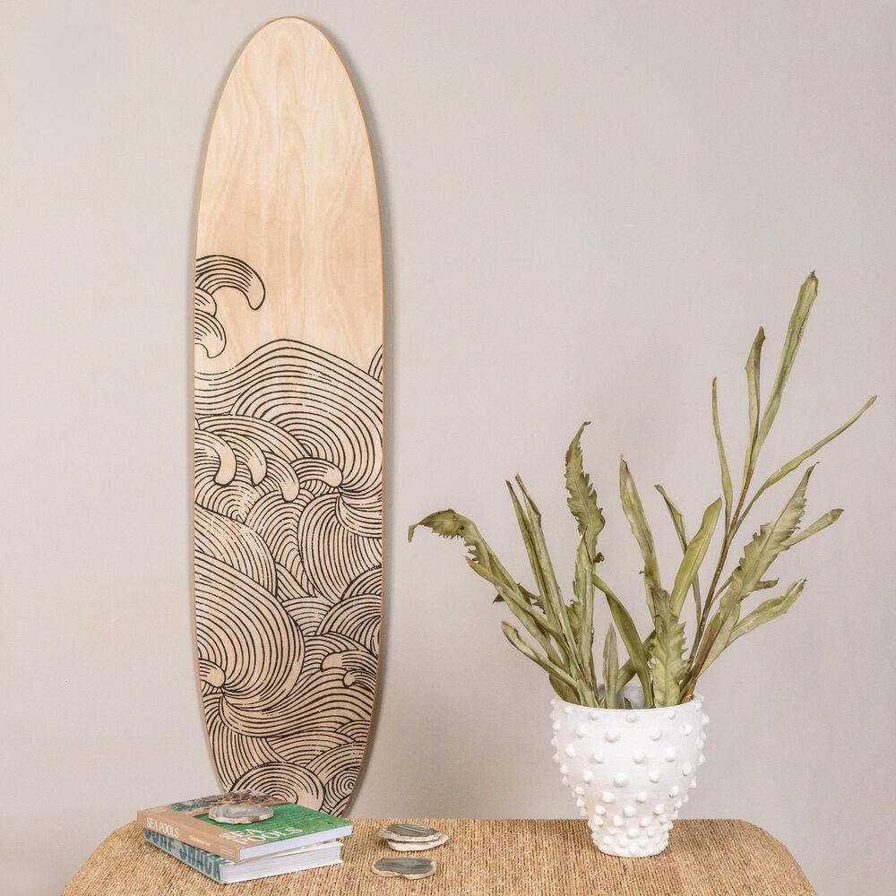 Creative Coop 65.6" x 15" Coastal Decorative Surfboard Wall Decor with Wave Design in Light Natural, , large