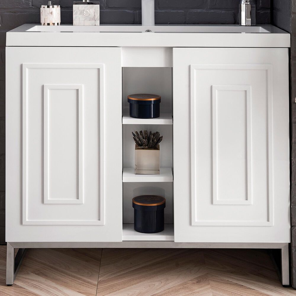 James Martin Vanities Alicante 39.5&quot; Single Bathroom Vanity in Glossy White and Brushed Nickel with 5 cm White Glossy Resin Top and Rectangular Sink, , large