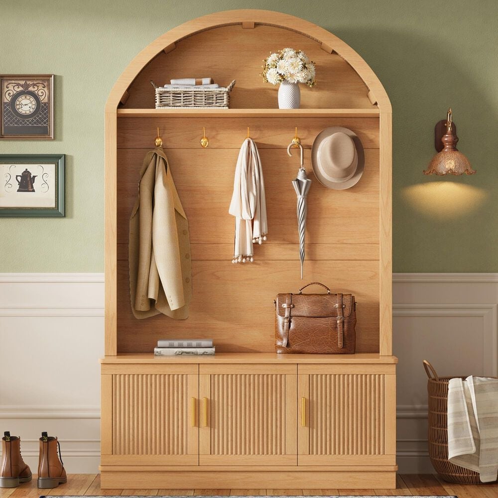 HOMLUX Farmhouse Fabric Arched Top Hall Tree with 5 Metal Hooks and Adjustable Shelves in Natural, , large