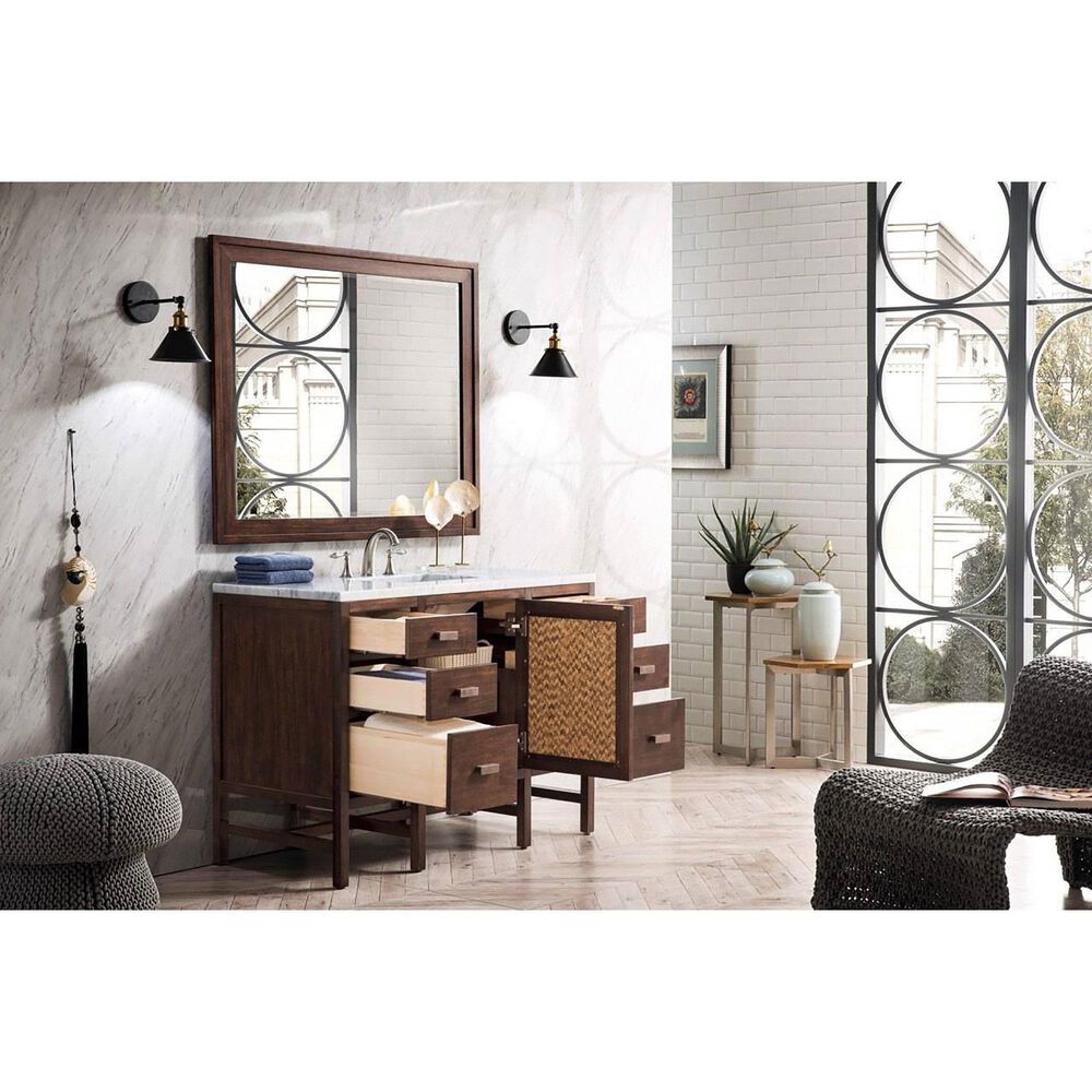 James Martin Vanities Addison 48" Single Vanity in Mid Century Acacia with 3 cm Carrara White Marble Top, , large