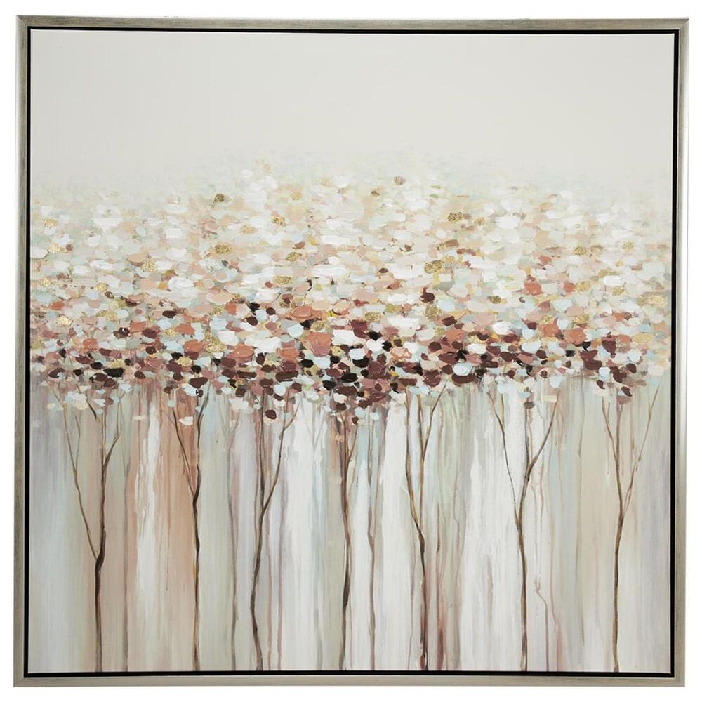 Maple and Jade 40" x 40" Square Tree Wall Art with Silver Frame in Black, Cream, Pink and Brown, , large