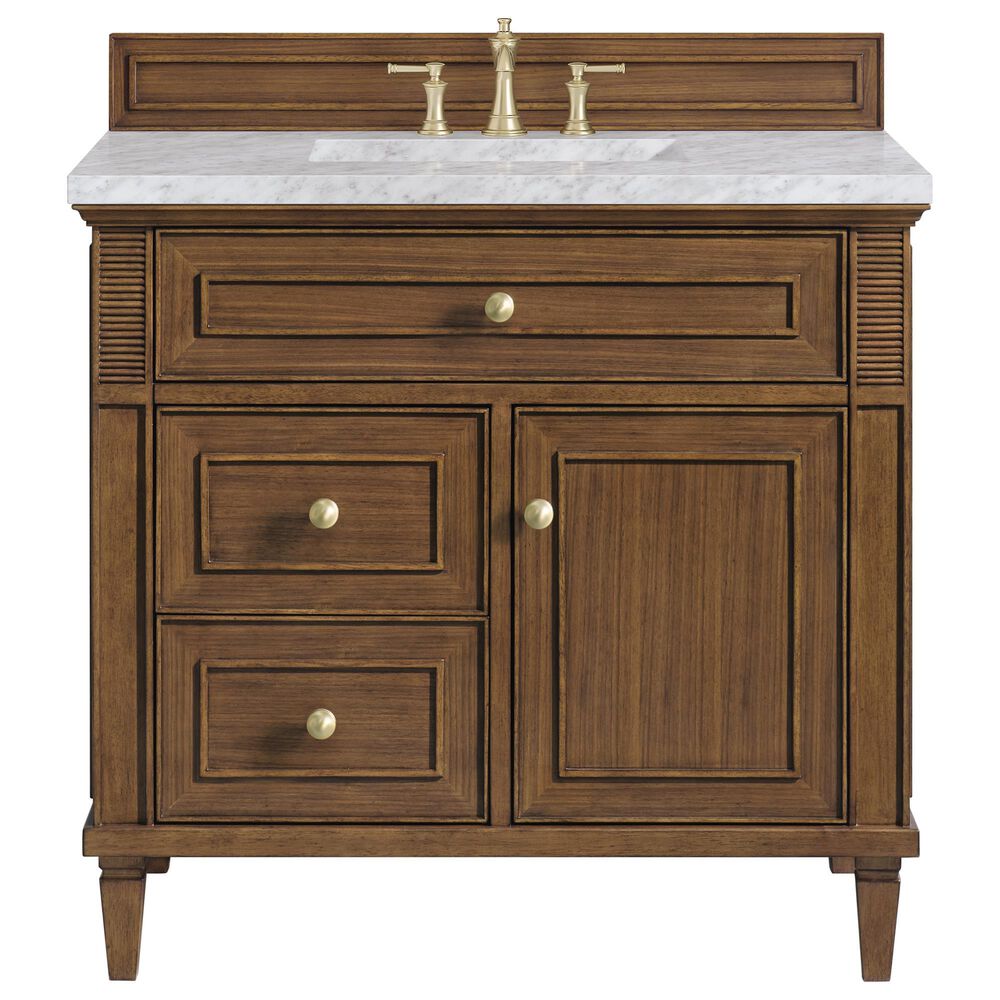 James Martin Vanities Lorelai 36&quot; Single Vanity in Mid-Century Walnut with 3 cm Carrara White Marble Top, , large