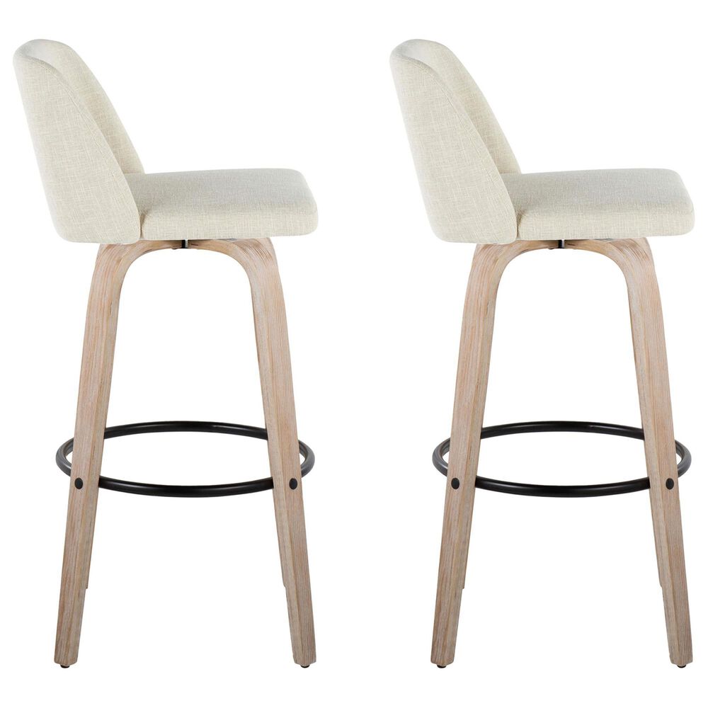 LumiSource Toriano Swivel Bar Stool with Cream Fabric Upholstery in Whitewashed and Black (Set of 2), , large