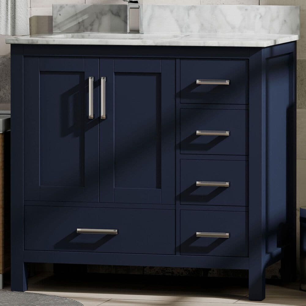 Lexora Home Jacques 36" Left Offset Single Bathroom Vanity in Navy Blue with 2 cm White Carrara Marble Top and Rectangular Sink, , large