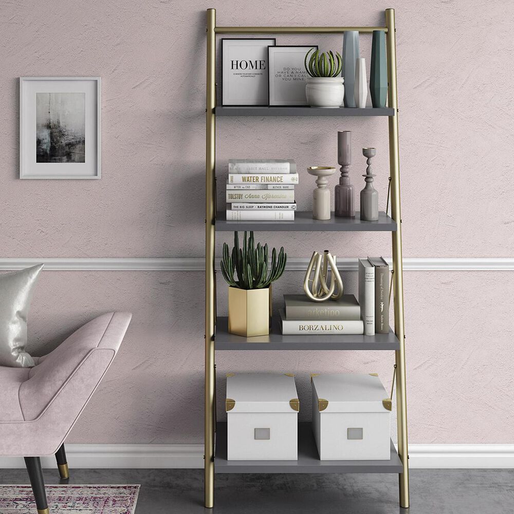 CosmoLiving by Cosmopolitan CosmoLiving Nova 4-Shelf Ladder Bookcase in Graphite Gray and Gold, , large
