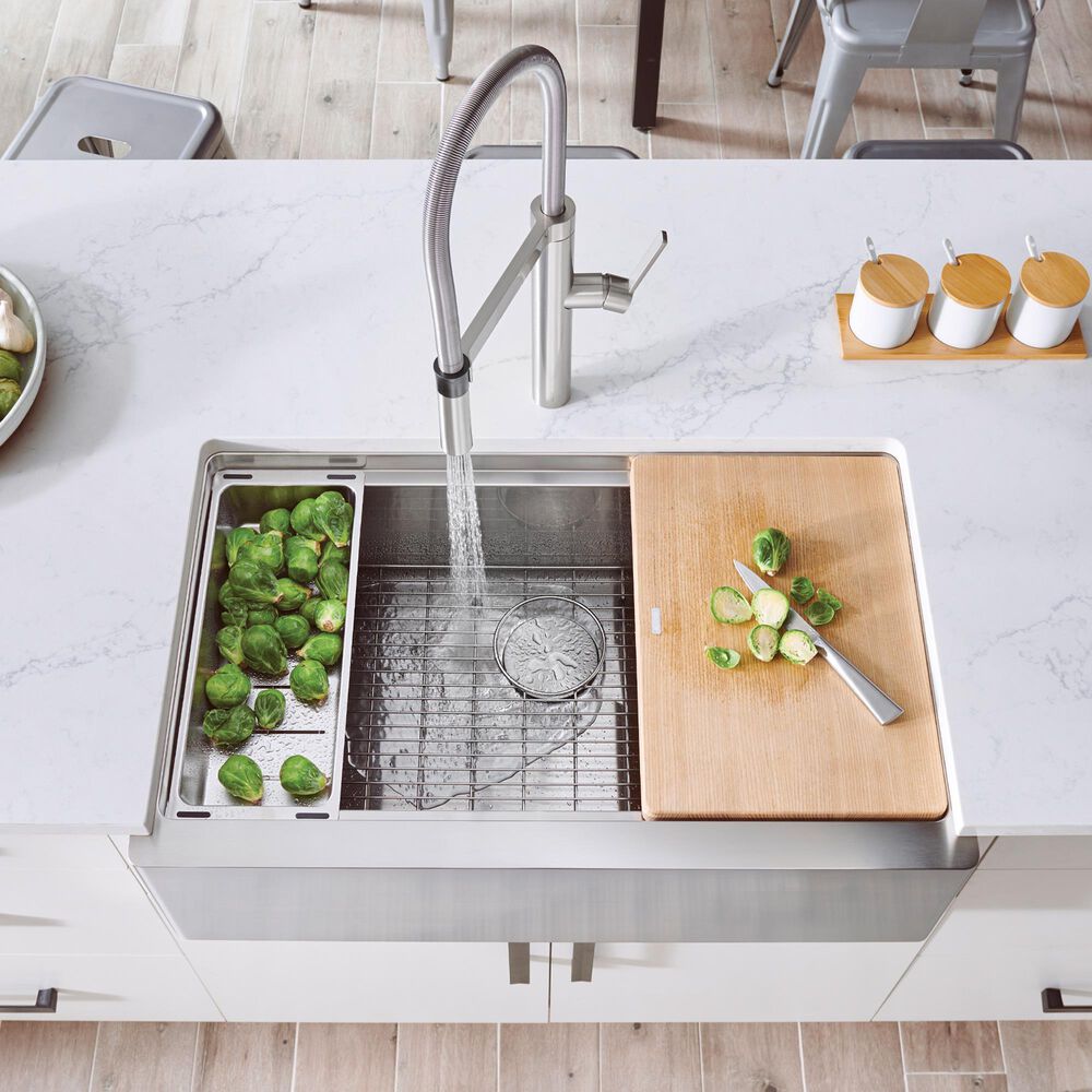 Blanco Quatrus 33&quot; R15 Ergon Apron Super Single Farmhouse Kitchen Sink in Refined Brushed, , large