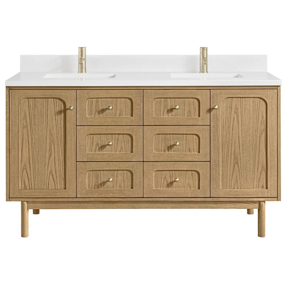 James Martin Vanities Laurent 60" Double Bathroom Vanity in Light Natural Oak with Single Hole 3 cm White Zeus Quartz Top and Rectangular Sinks, , large