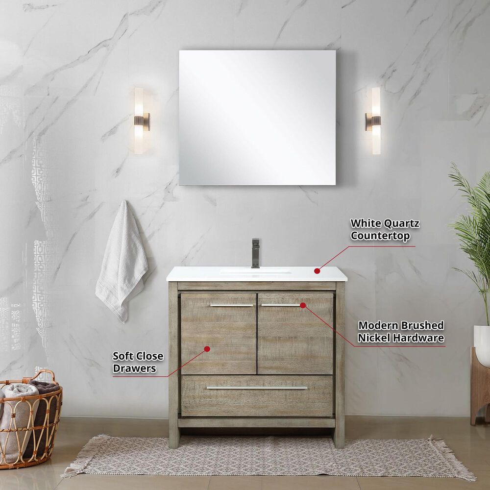 Lexora Home Lafarre 36&quot; Single Bathroom Vanity in Rustic Acacia with 2 cm White Quartz Top and Rectangular Sink, , large