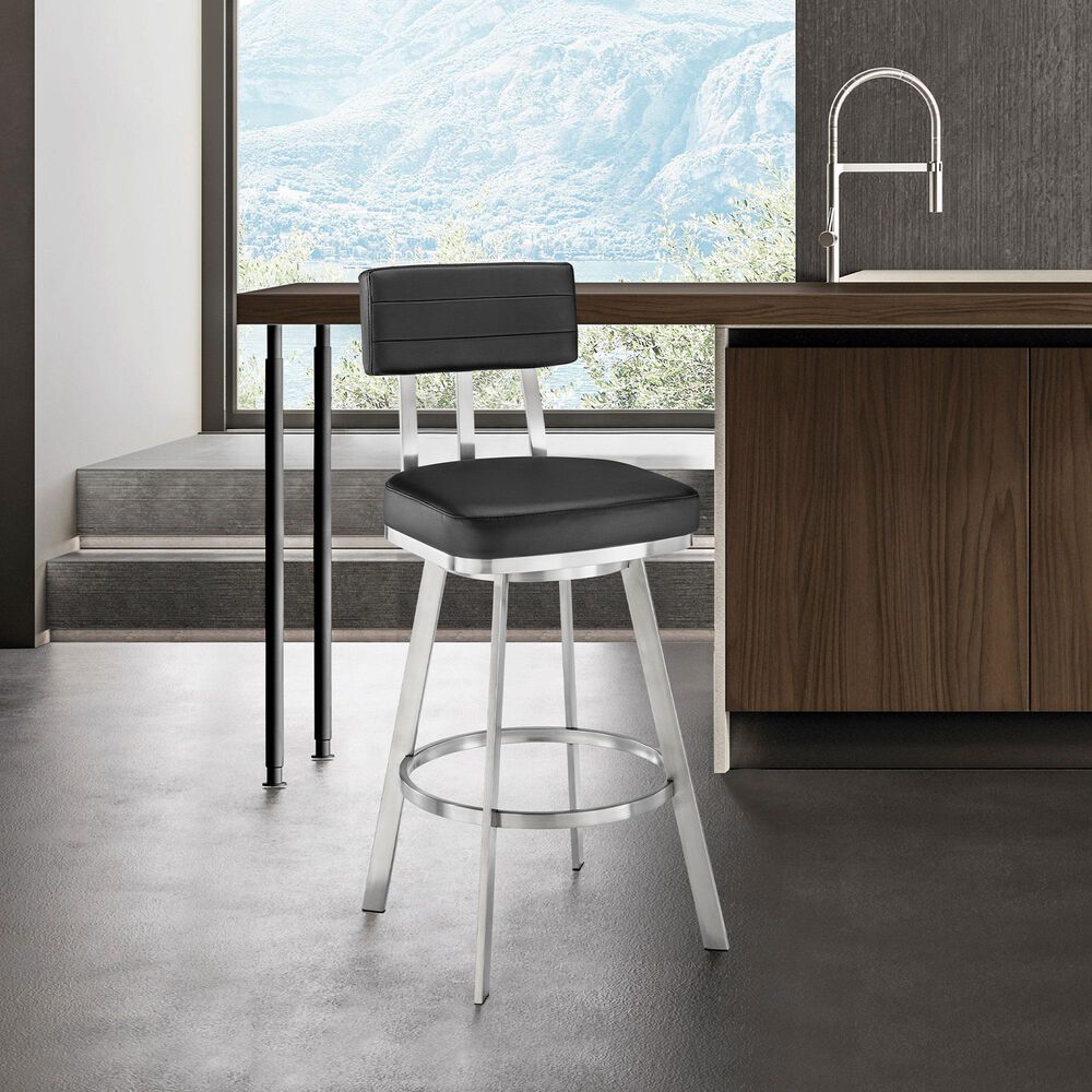 Blue River Benjamin Swivel Counter Stool with Black Cushion in Brushed Stainless Steel, , large