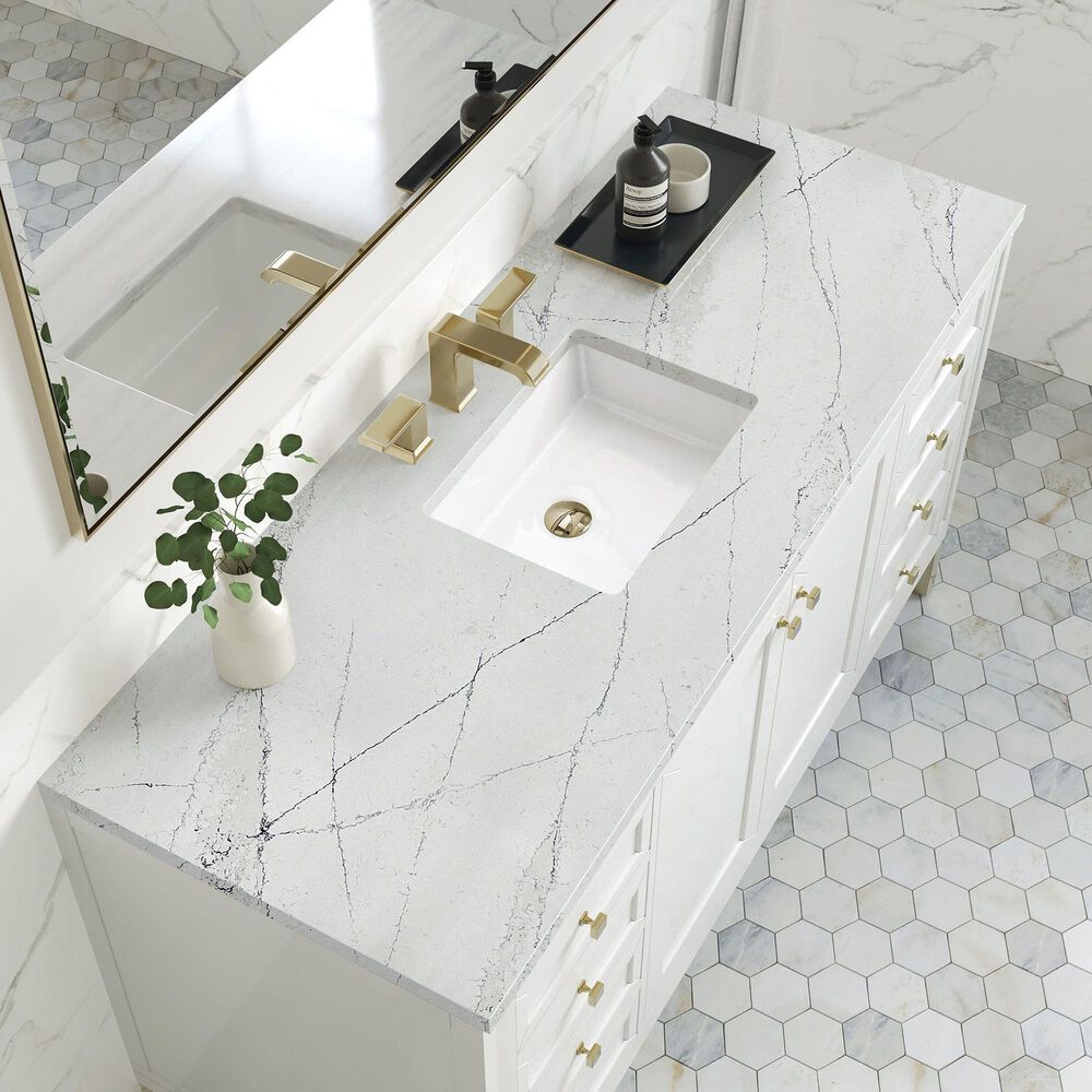James Martin Vanities Chicago 60&quot; Single Bathroom Vanity in Glossy White with 3 cm Ethereal Noctis Quartz Top and Rectangular Sink, , large