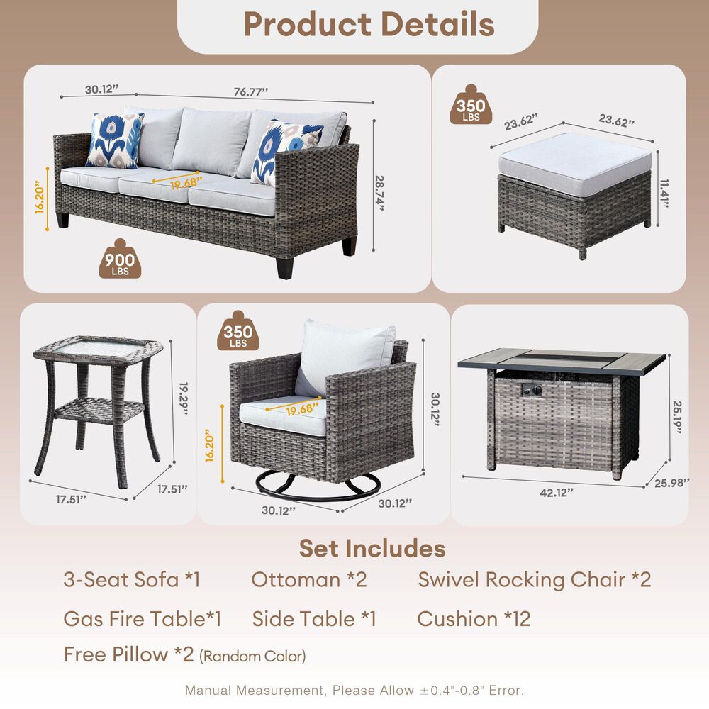 HOMLUX 7-Piece Patio Conversation Set with Rocking Chairs and Fire Pit Table in Grey, , large