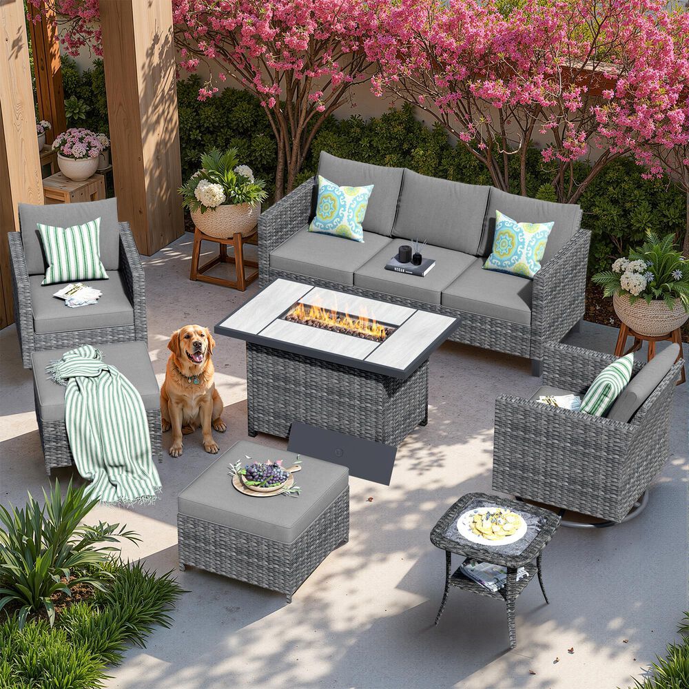 HOMLUX 7-Piece Patio Conversation Set with Rocking Chairs and Fire Pit Table in Dark Grey, , large
