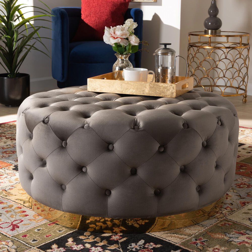 Baxton Studio Sasha Round Cocktail Ottoman in Grey, , large