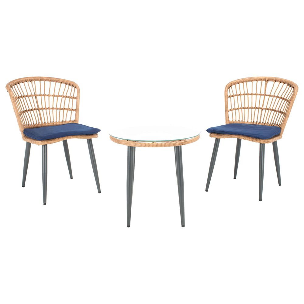 Safavieh Griffen 3-Piece Patio Lounge Set with Navy Cushion in Natural and Black, , large
