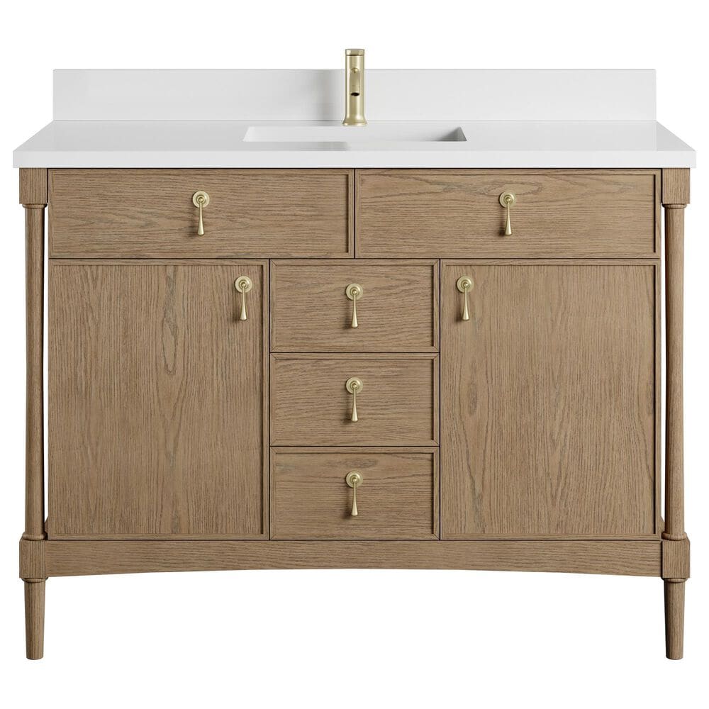 James Martin Kinnsden 48" Single Bathroom Vanity in Weathered Oak with Single Hole 3 cm White Zeus Silestone Top and Rectangular Sink, , large
