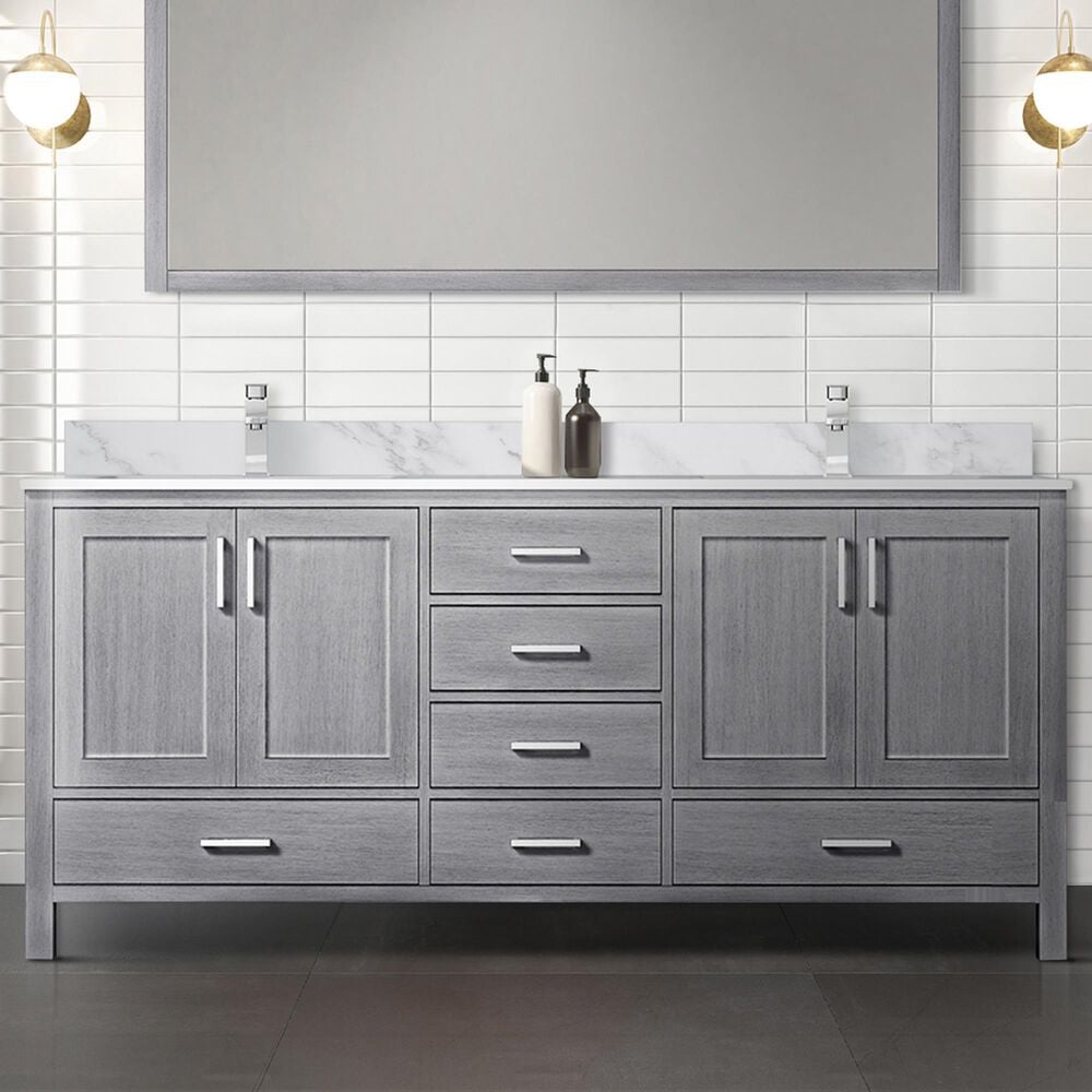 Lexora Home Jacques 72&quot; Double Bathroom Vanity in Distressed Grey with 2 cm White Carrara Marble Top and Rectangular Sinks, , large