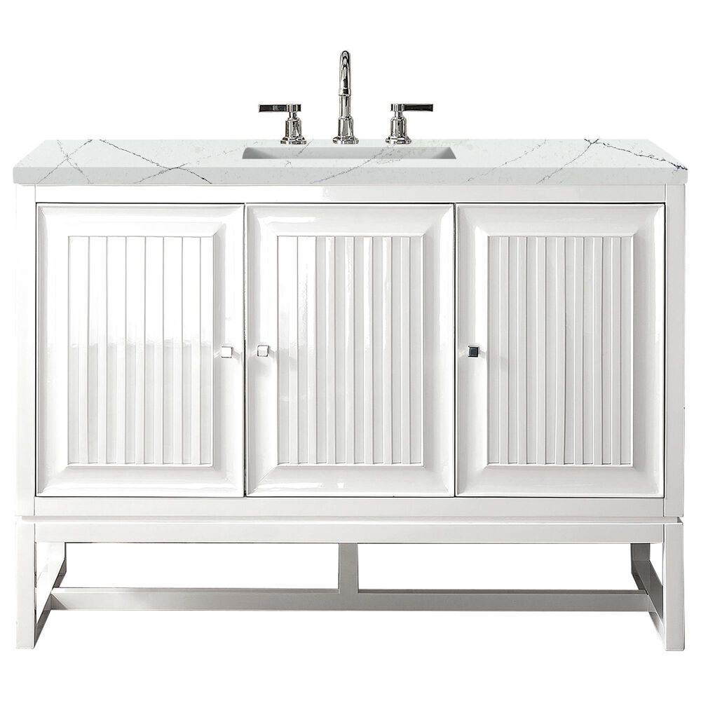 James Martin Vanities Athens 48" Single Bathroom Vanity in Glossy White with 3 cm Ethereal Noctis Quartz Top and Rectangular Sink, , large