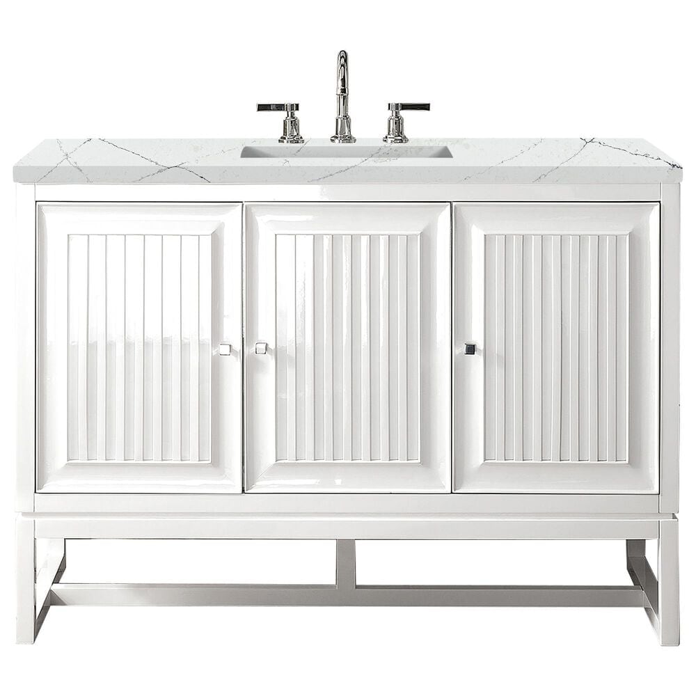 James Martin Vanities Athens 48" Single Bathroom Vanity in Glossy White with 3 cm Ethereal Noctis Quartz Top and Rectangular Sink, , large