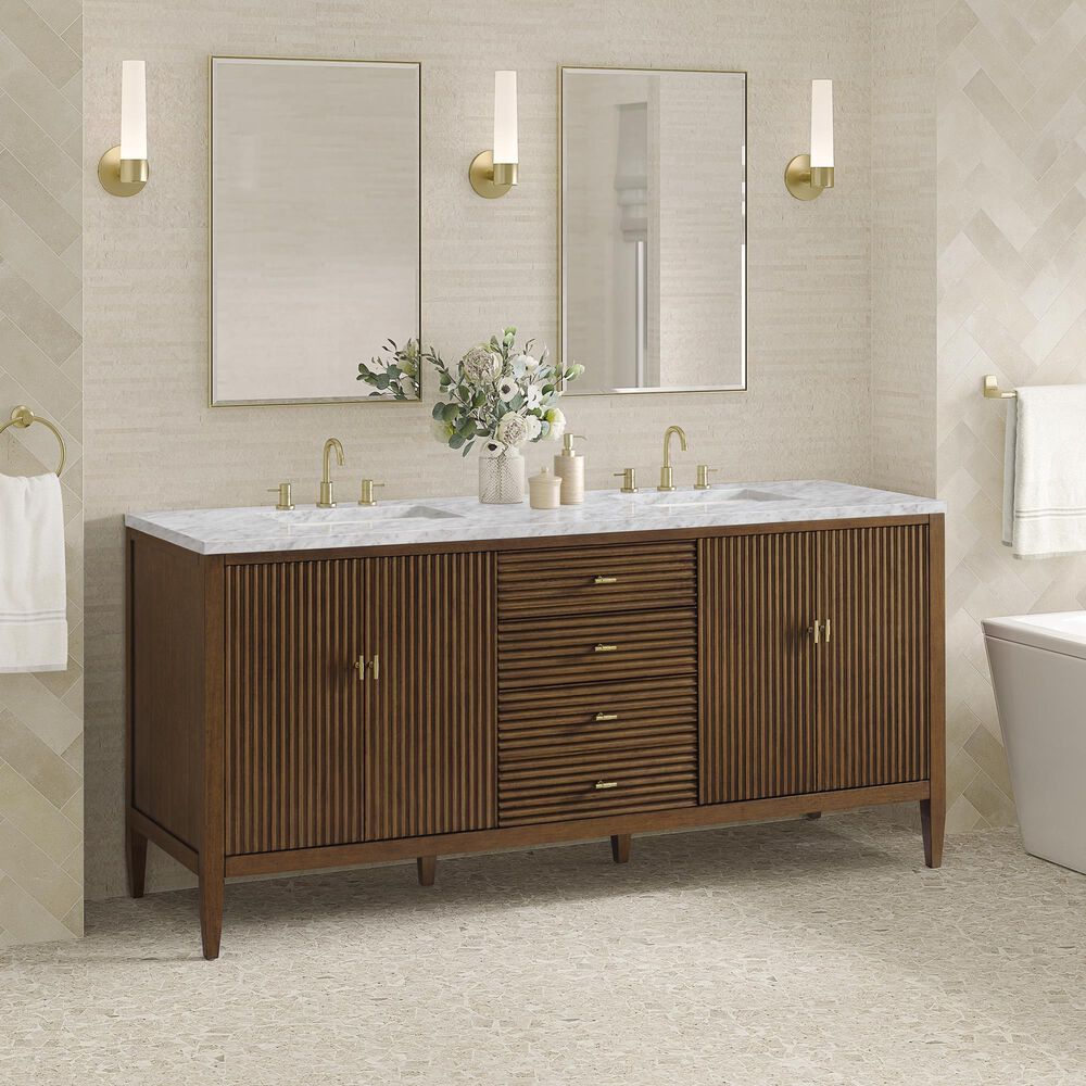 James Martin Vanities Myrrin 72&quot; Double Vanity in Mid Century Walnut with 3 cm Carrara White Marble Top, , large