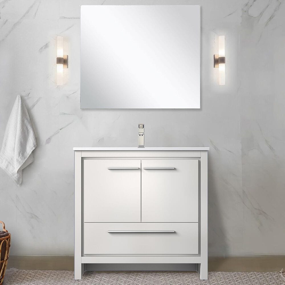 Lexora Home Lafarre 36&quot; Single Bathroom Vanity in Rustic Acacia with 2 cm White Cultured Marble Top, Rectangular Sink and 28&quot; Mirror, , large
