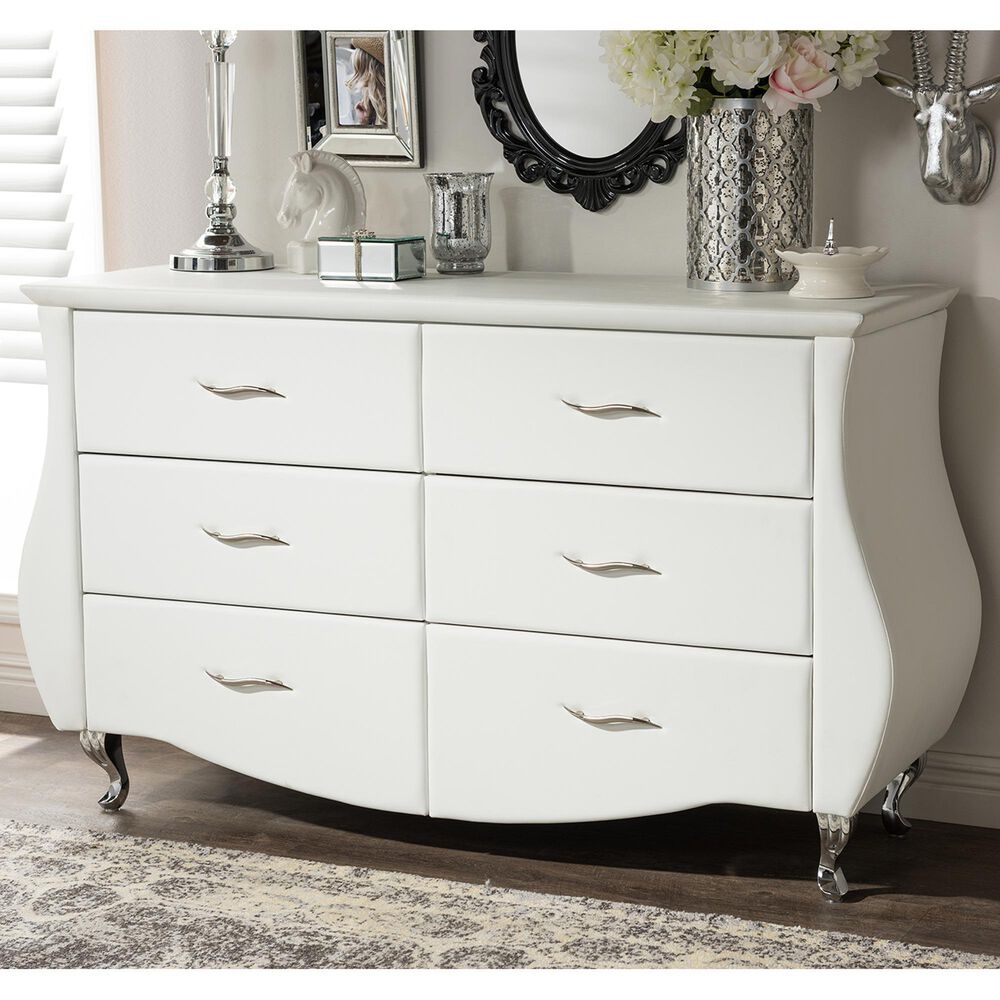 Baxton Studio Enzo 6-Drawer Dresser with White Upholstered in Stainless Steel, , large