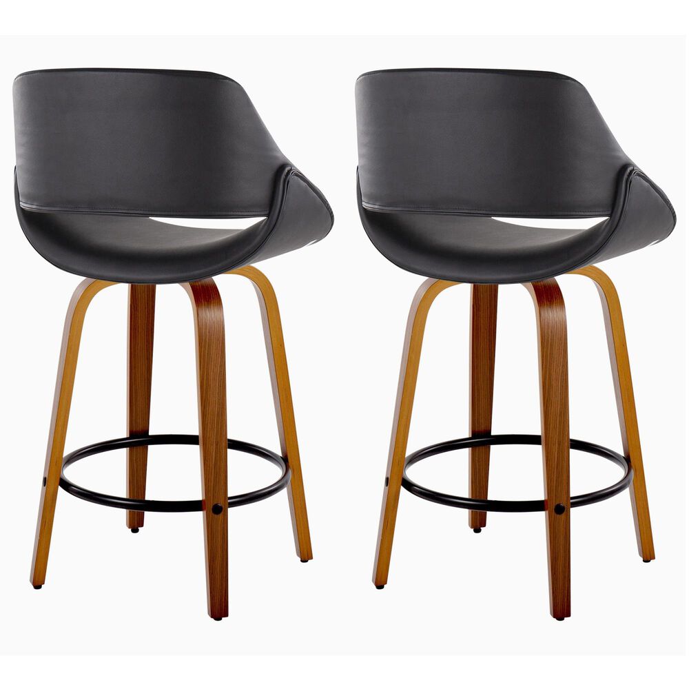 LumiSource Fabrico 26" Swivel Fixed-Height Counter Stool with Black Faux Leather Upholstery in Black and Walnut (Set of 2), , large