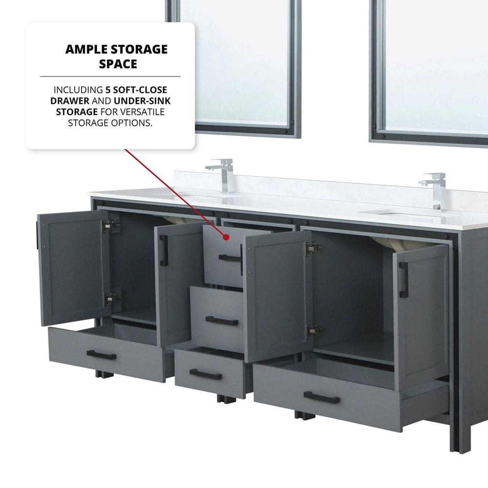 Lexora Home Ziva 84&quot; Double Bathroom Vanity in Dark Grey with 2 cm White Quartz Top and Rectangular Sinks, , large