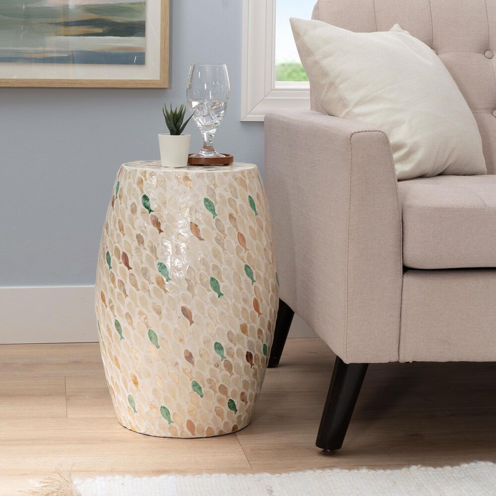 Linon Home Decor Pattison Drum End Table with Finish Pattern in Ivory, , large