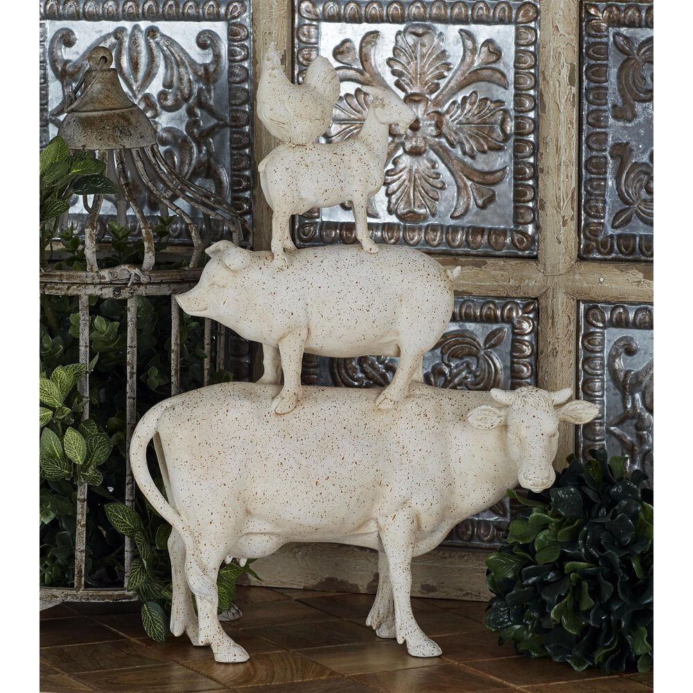 Maple and Jade Stacked Farm Animals Decorative Sculpture in Matte Cream and Red, , large