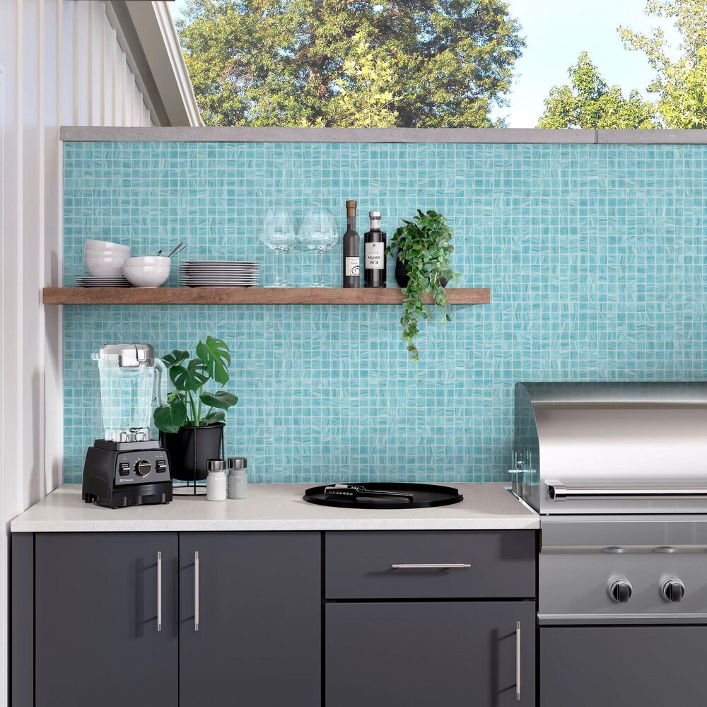 Emser Swirl Aqua 1&quot; x 1&quot; Square on 12&quot; x 12&quot; Glass Mosaic Sheet, , large