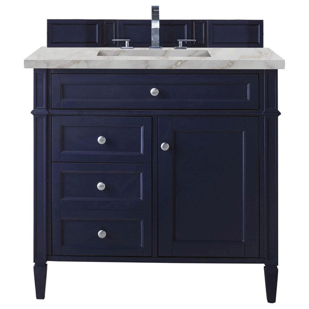 James Martin Vanities Brittany 36" Single Bathroom Vanity in Victory Blue with 3 cm Victorian Silver Quartz Top and Rectangular Sink, , large