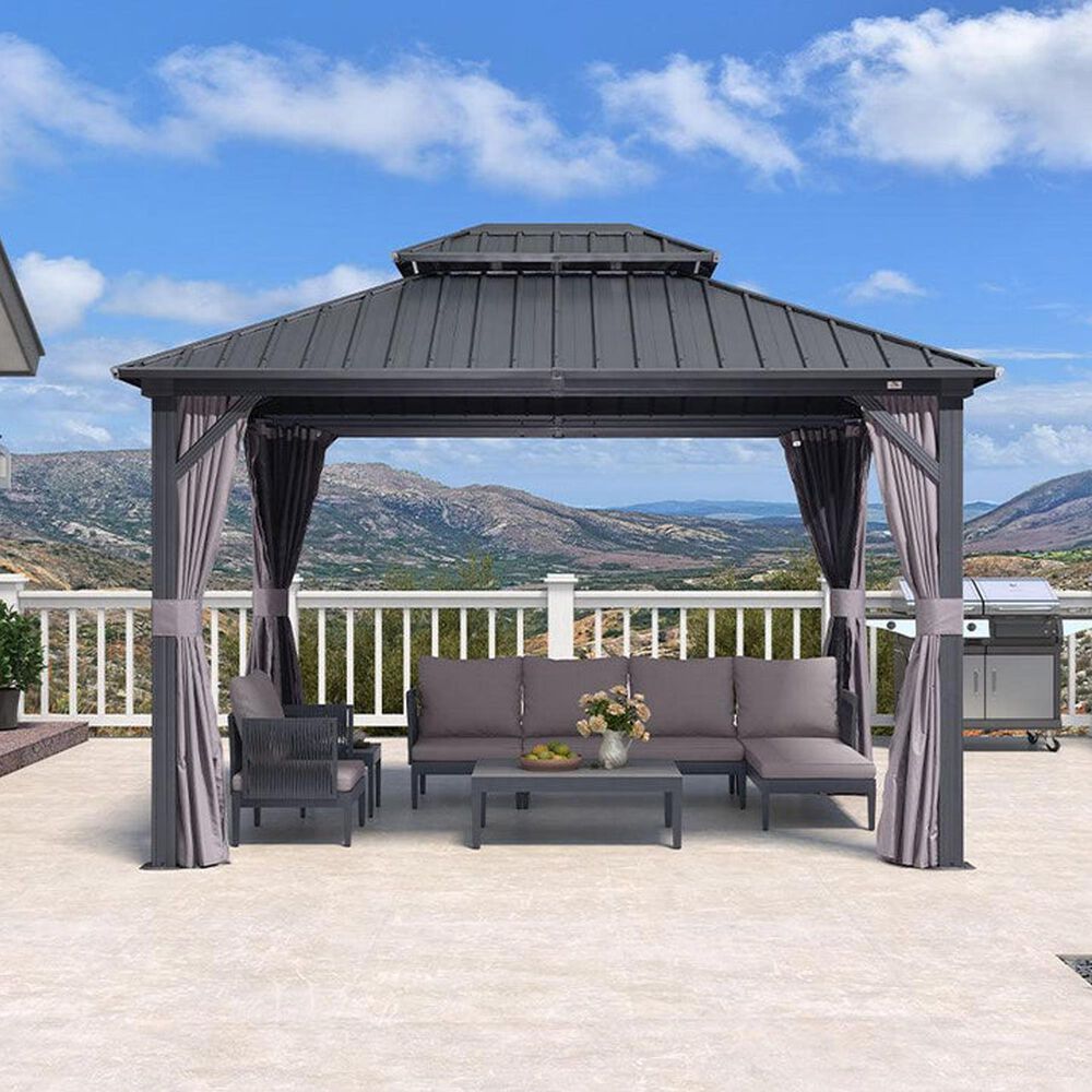 HOMLUX 10' x 12' Outdoor Hardtop Gazebo with Galvanized Steel Roof, Netting, and Curtains Gray, , large
